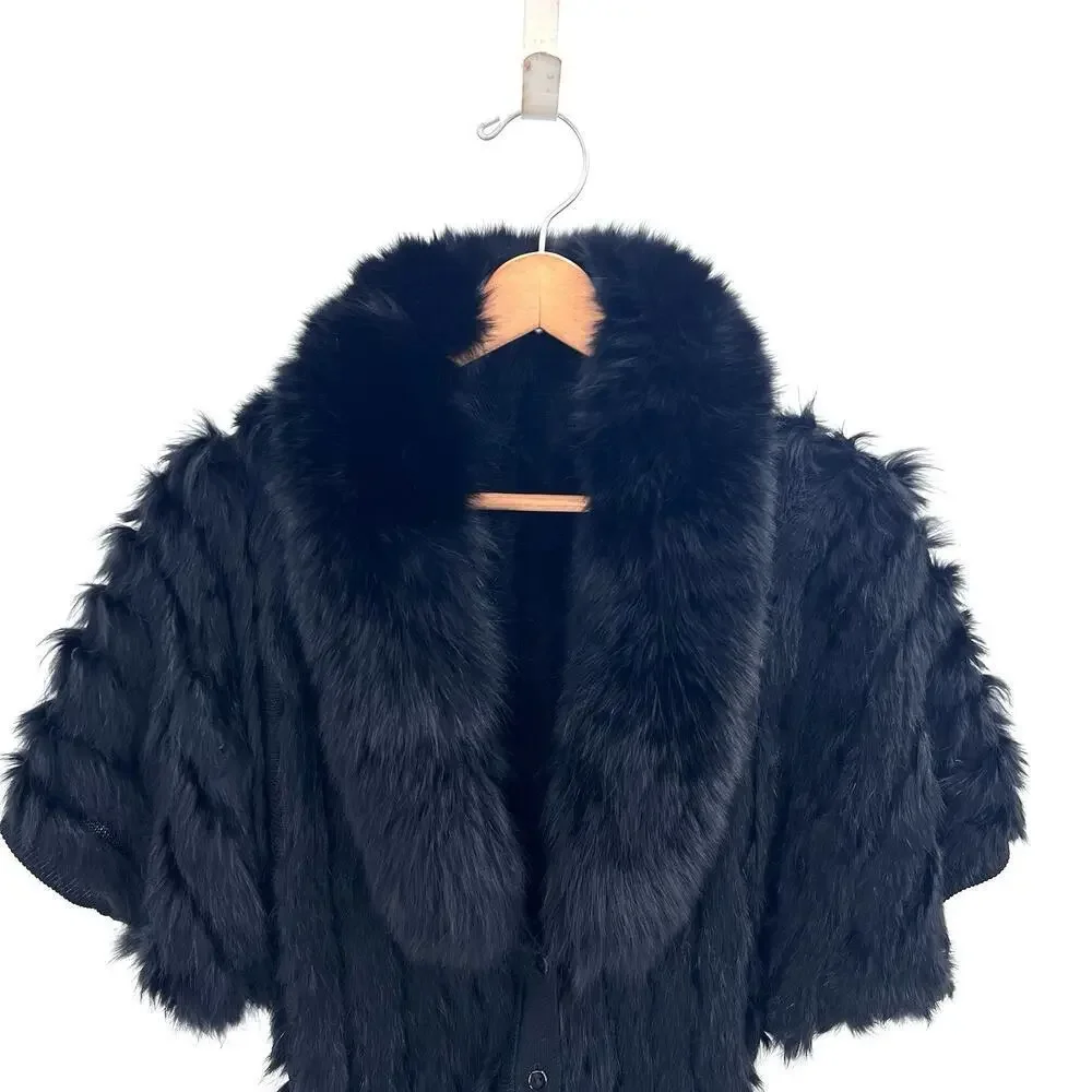 Black Rabbit Hair Fur Cardigan Sweater Womens Size Medium Removable Collar
